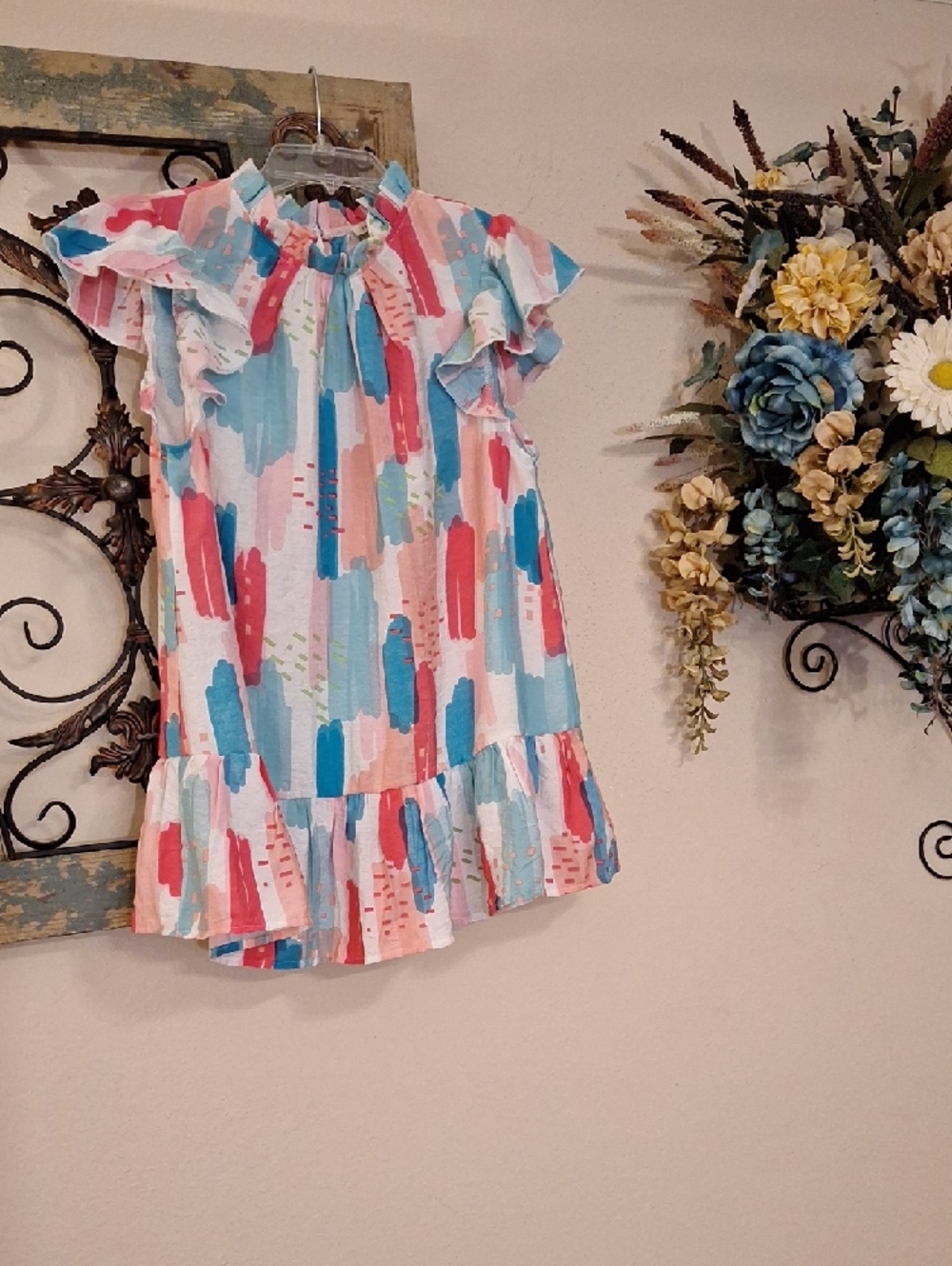 JODIFL Pink Blue White Brushstroke Ruffle Tunic Top. NWOT Size S - Picture 7 of 13